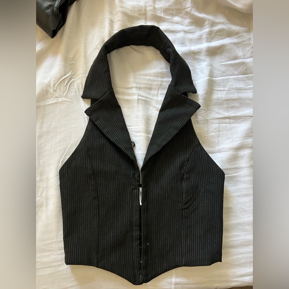 Black Pinstripe Halter Vest